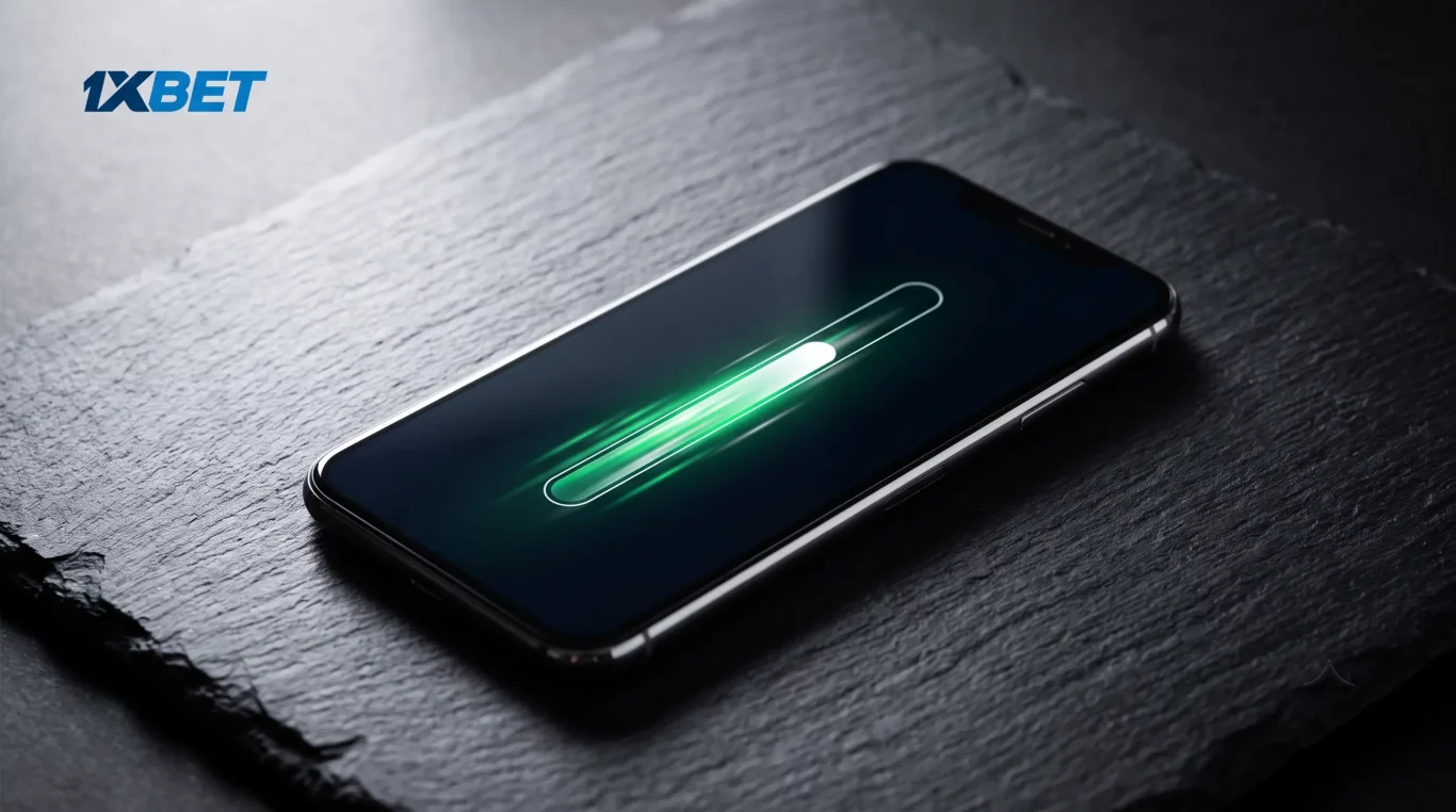 A high-quality image of an iPhone on a dark, textured slate surface, showing a futuristic green progress bar with text that reads "RAPID INSTALLATION" and "78%", along with "speed: 250 Mb/s". The 1xBet logo is in the top left corner