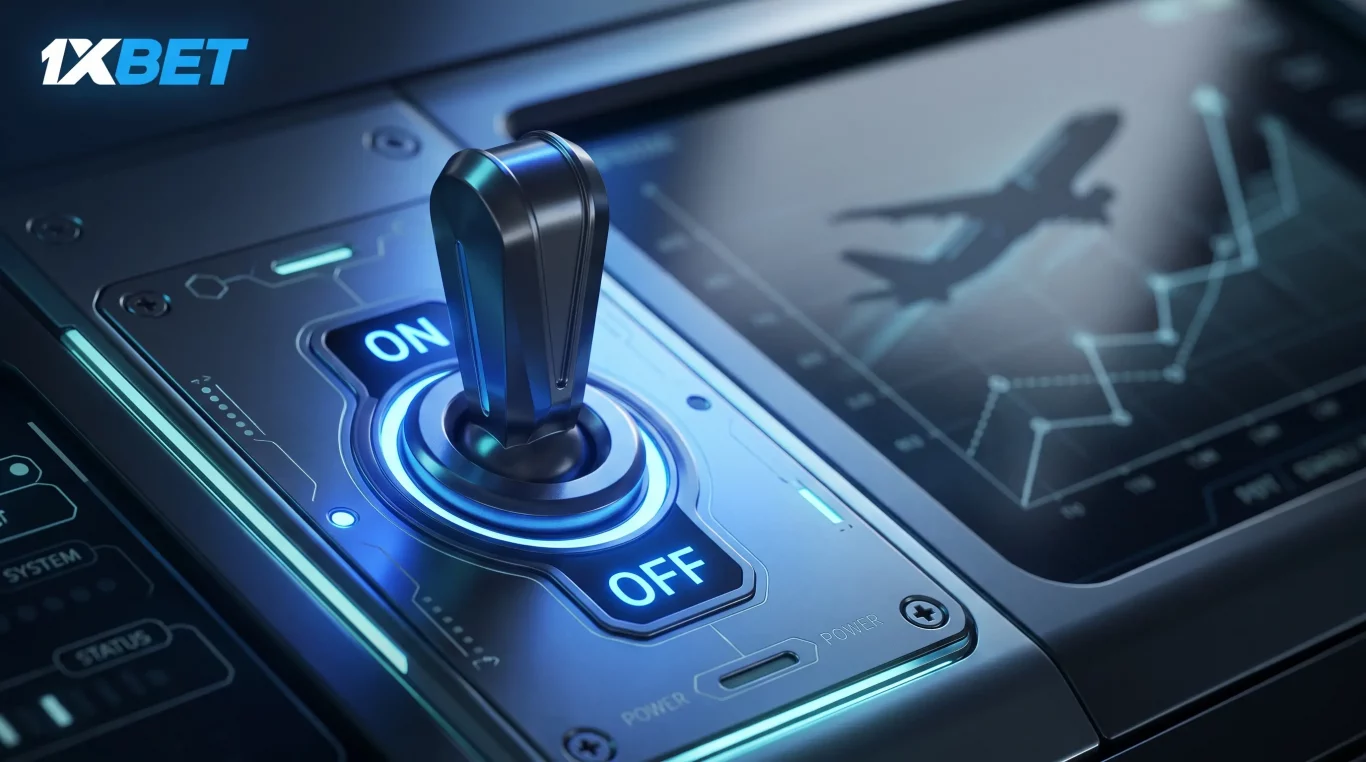 A close-up of a high-tech control panel. A mechanical toggle switch is centered, with blue glowing labels reading 'ON' and 'OFF'. To the right, a digital screen displays a silhouette of an airplane ascending against a complex, data-filled flight path chart. The '1XBET' logo is in the top-left corner. The overall aesthetic is dark metallic with cool blue and white illumination