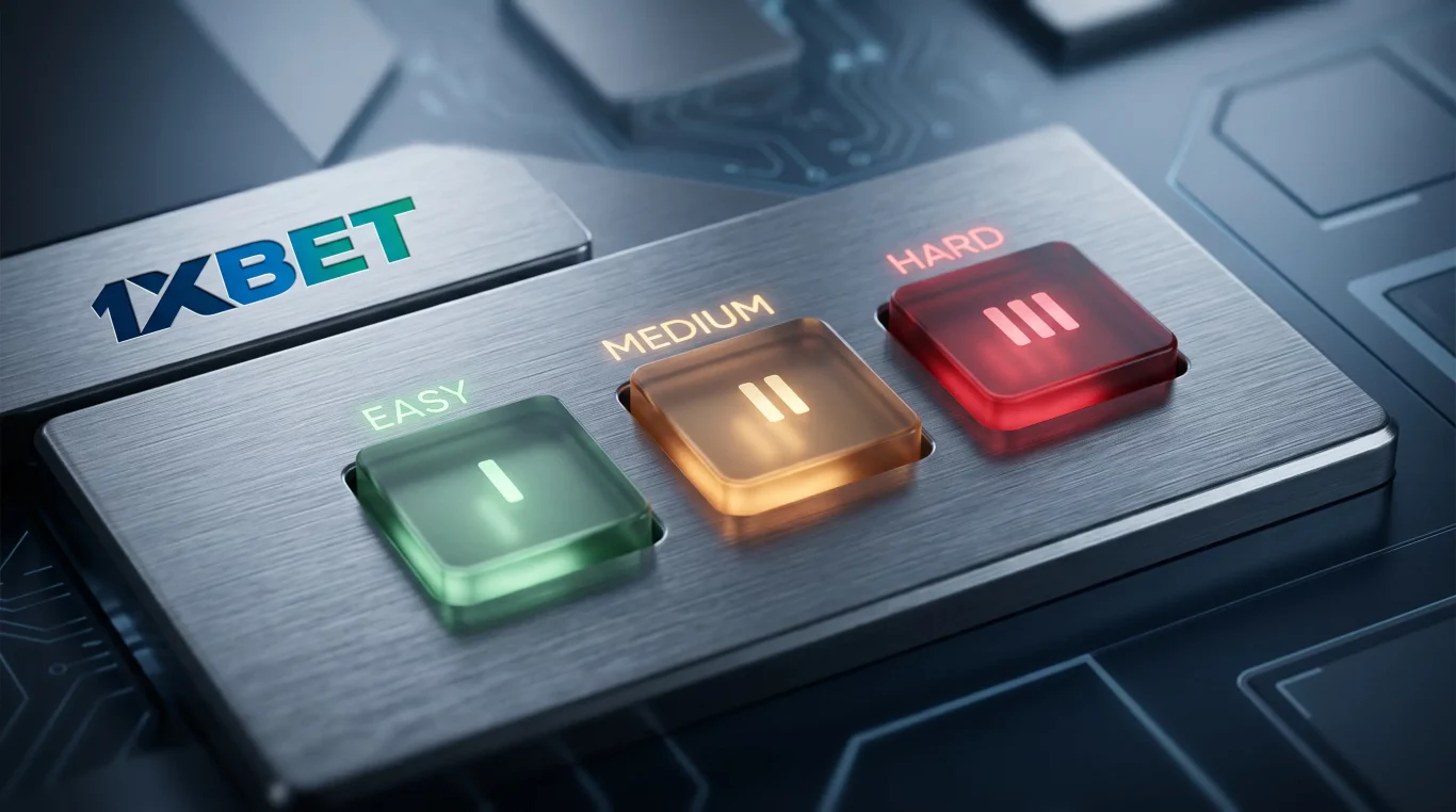A macro photograph of a futuristic metal control panel featuring the 1XBET logo. Three illuminated, rectangular buttons display game difficulty levels: a green button labeled 'EASY' (I), an orange button labeled 'MEDIUM' (II), and a red button labeled 'HARD' (III), set against a circuit board background