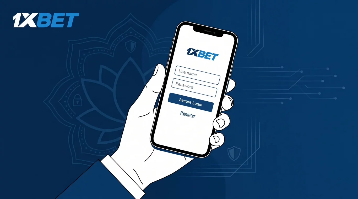 A line-art vector illustration on a dark blue background of a hand in a suit cuff holding a smartphone. The phone screen shows a 1XBET login form with Username and Password fields, a blue 'Secure Login' button, and a 'Register' link. The background features a stylized decorative mandala with embedded padlock and shield icons, and circuit patterns. A 1XBET logo is present in the top left