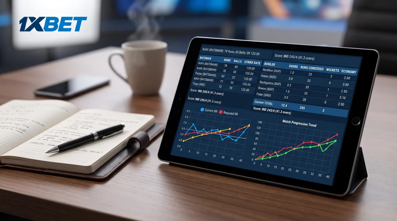 A black iPad in a protective case displaying a detailed cricket analytics dashboard with batting and bowling statistics, a current score of 245/4, batsman Kerr's performance (78 runs), and trend graphs for Required Run Rate and Match Progression. It is positioned on a wooden desk next to an open notebook with a pen, a smartphone, and a steaming coffee mug, with the 1XBET logo in the upper-left corner